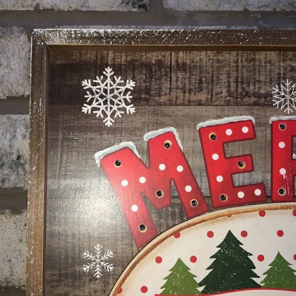 Shabby Chic Merry Christmas Camper Snowman Wooden Light up Picture